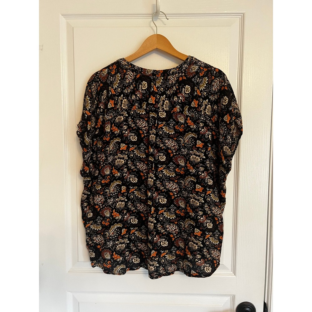 Treasure & Bond Womens 2X Floral Split Neck Blouse Black Orange Boho Top - Picture 6 of 6